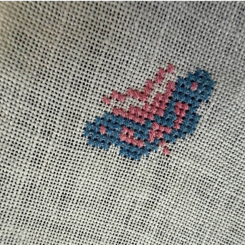 Vintage Cross Stitch Linen Table Runner Blue Pink Floral Bird Fringed Trim